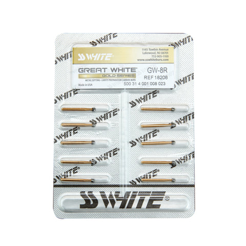 SS White 18208 Great White Gold GW FG Friction Grip 8R Round Restorative Removal Carbide Burs 10/Pk