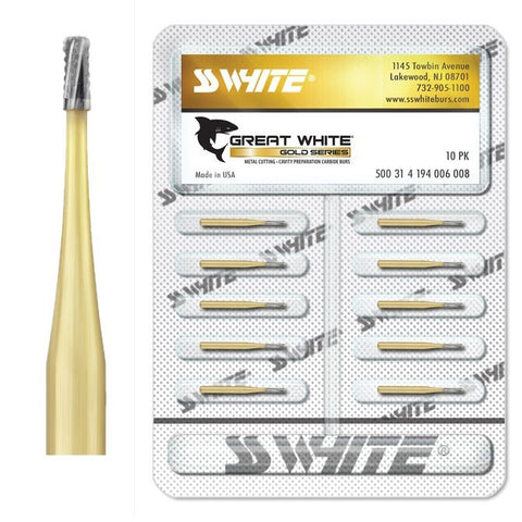 SS White 18210 Great White Gold FG Friction Grip #GW330 Pear Shaped Carbide Burs 10/Pk