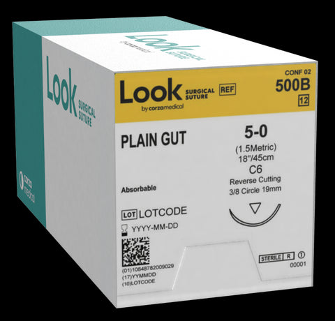Look X500B Plain Gut Absorbable Sutures 5-0 18'' C6 3/8 Circle Reverse Cutting 19mm 12/Pk