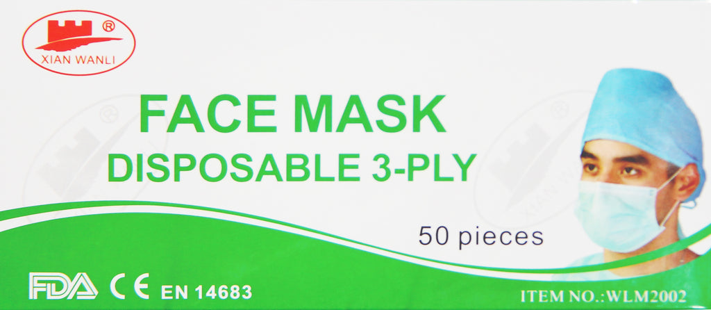 Xian Wanli 908220 Disposable 3-Ply Surgical Face Masks EN 14683 Level IIR (ASTM 3 Equivalent) BFE 99% 50/Pk