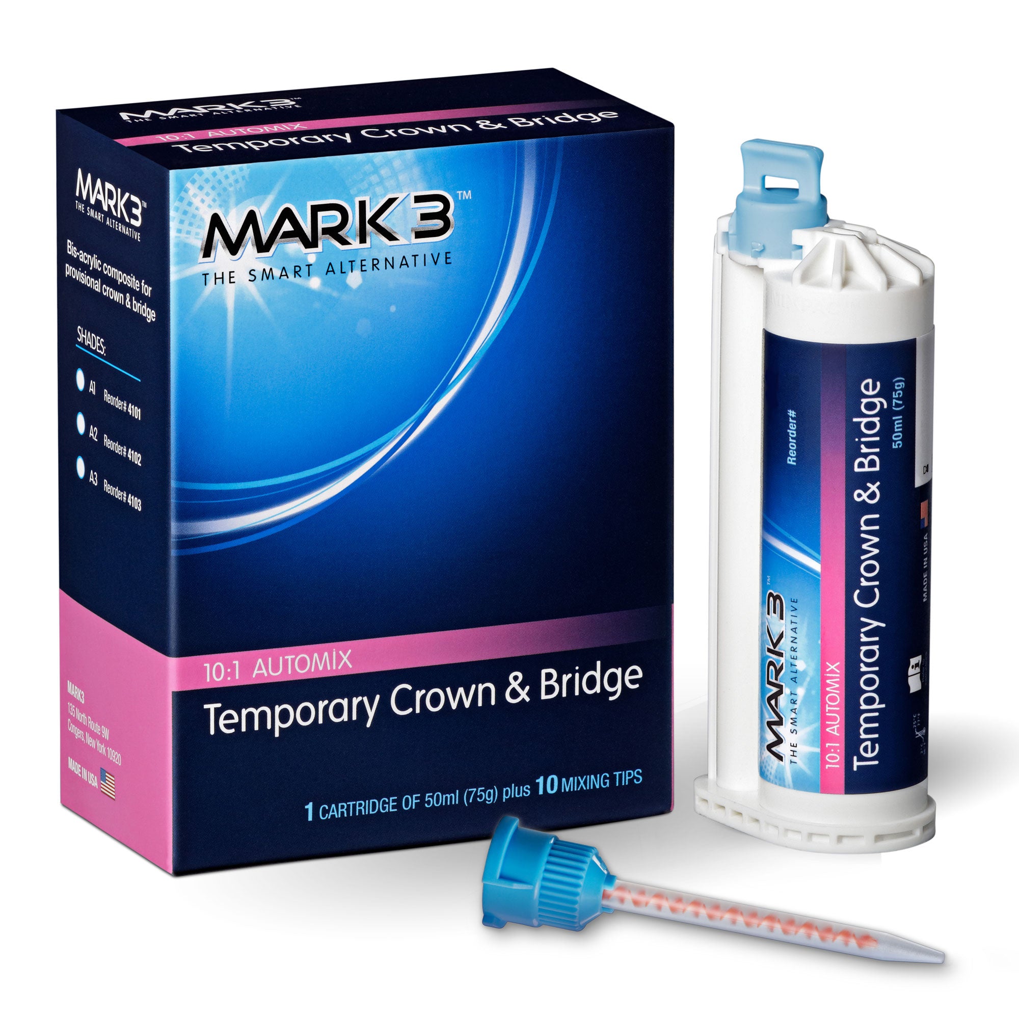 Mark3 4102 Temporary Crown & Bridge Dental Material A2 10:1 Cartridge 75 Gm 10 Tips