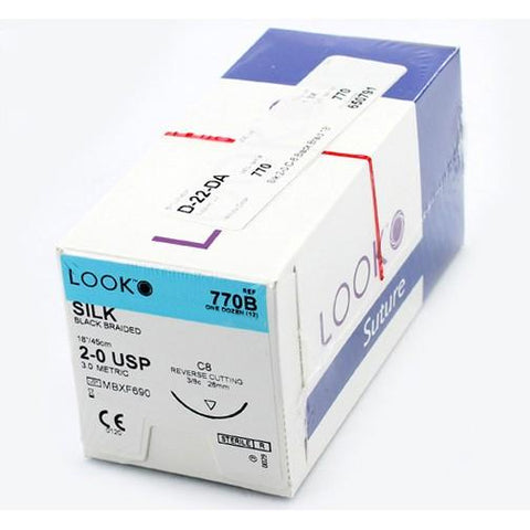 Look 770B Silk Black Braided Non-Absorbable Reverse Cutting Sutures C-8 2/0 18" 12/Pk
