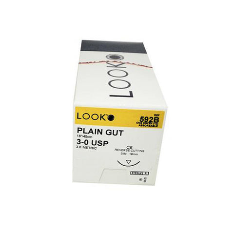 Look X592B Plain Gut Absorbable Sutures 3-0 18" C6 3/8 Circle Reverse Cutting 18mm 12/Pk