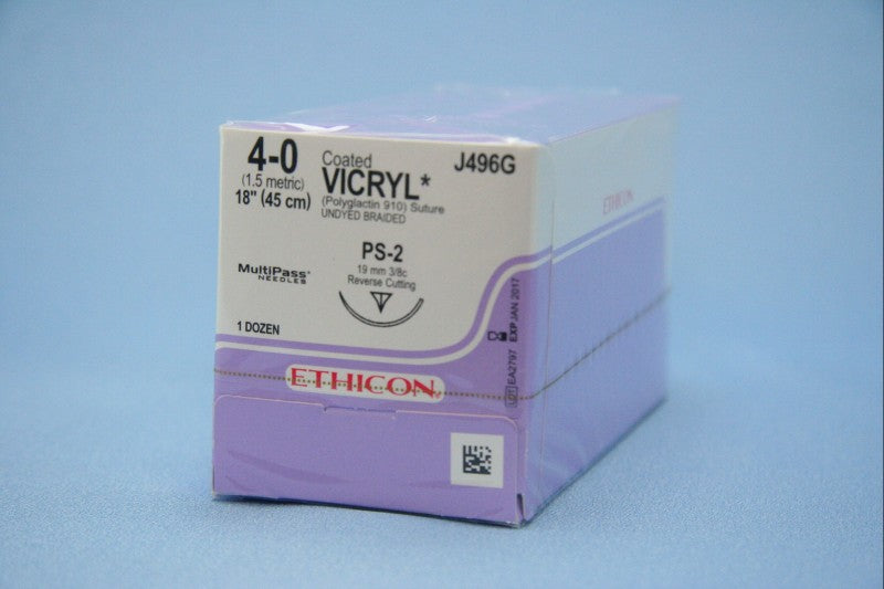 J&J Ethicon J496G Vicryl Coated Braided Absorbable Sutures PS2 4-0 18' 12/Bx