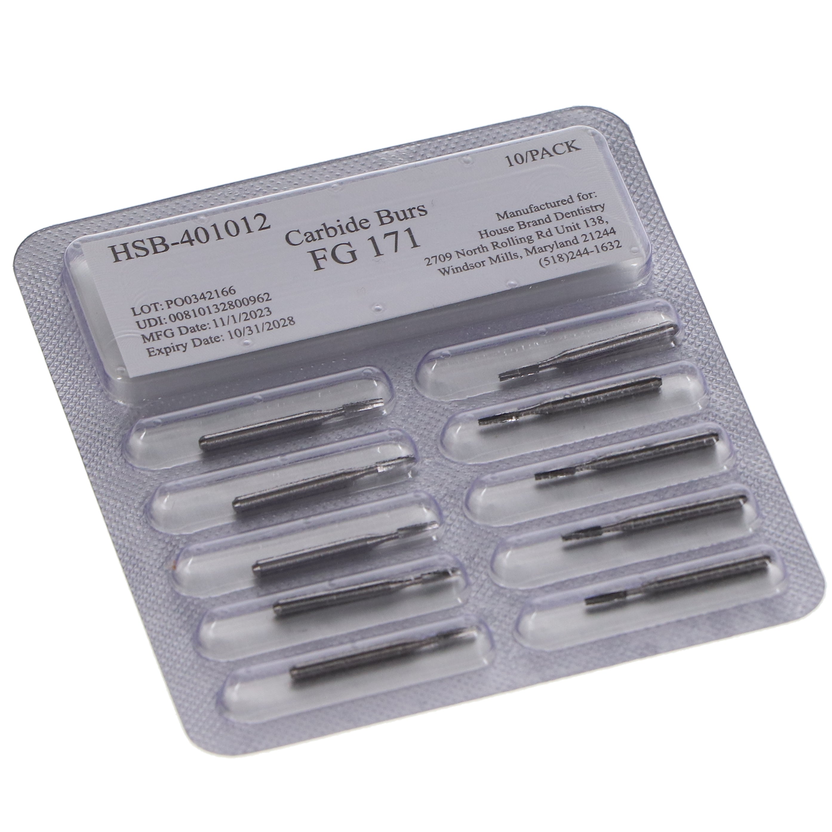 House Brand Dentistry 401012 HSB FG #171 Taper Fissure Plain Carbide Burs 100/Pk