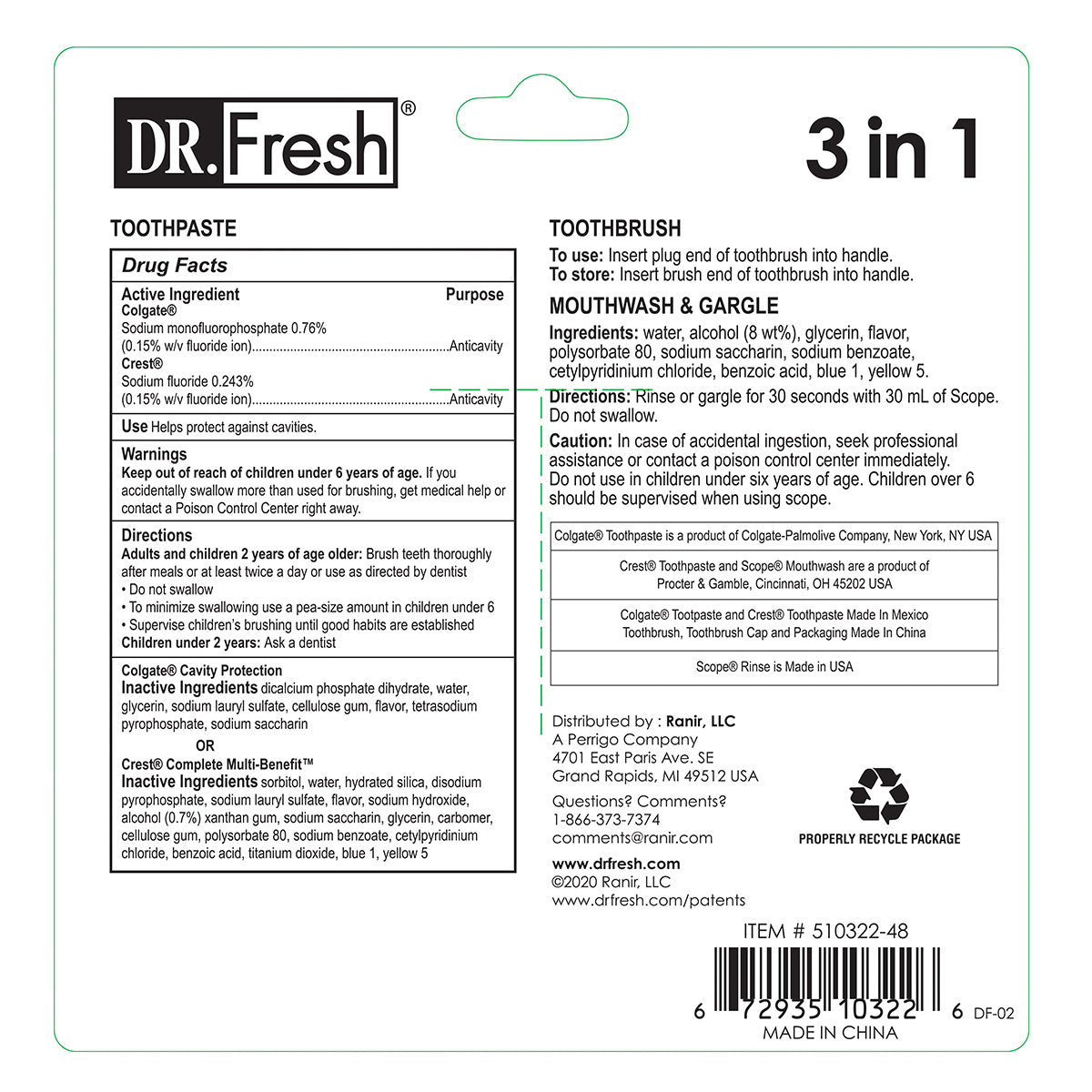 Dr. Fresh 510322 3-In-1 Oral Hygiene Care Dental Travel Kit Airport Friendly