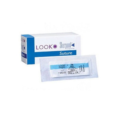 Look 784B Silk Black Braided Non Absorbable Reverse Cutting Sutures C6 3/8 Circle 3-0 18" 12/Bx