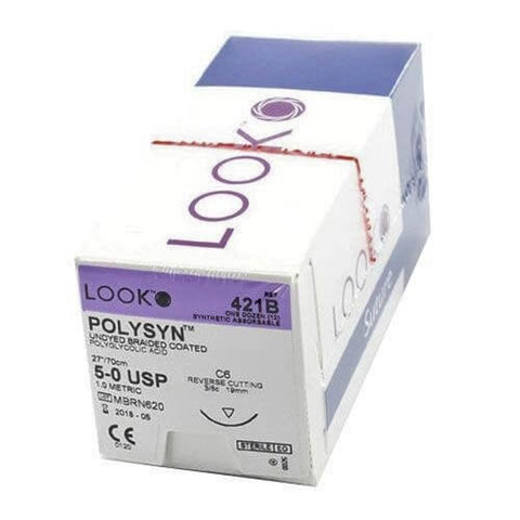 Look X421B Polysyn 5-0 Absorbable Sutures Undyed 27" C6 3/8 Circle Reverse Cutting 19mm 12/Pk