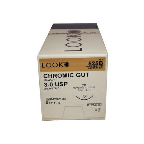 Look X525B Chromic Gut Sutures Reverse Cutting 3-0 18" C6 3/8 Circle 12/Pk