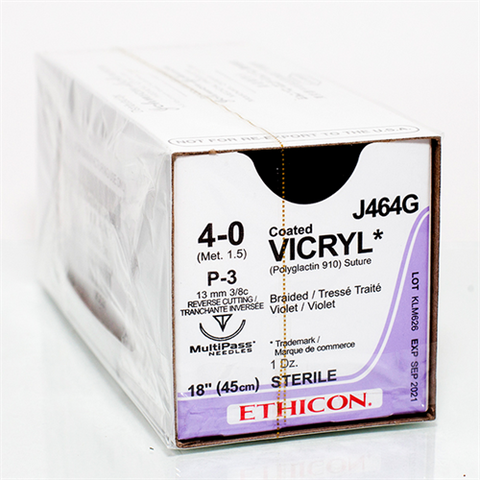 J&J Ethicon J464G Coated Vicryl Violet Braided Absorbable Sutures P3 4/0 18'' 12/Bx
