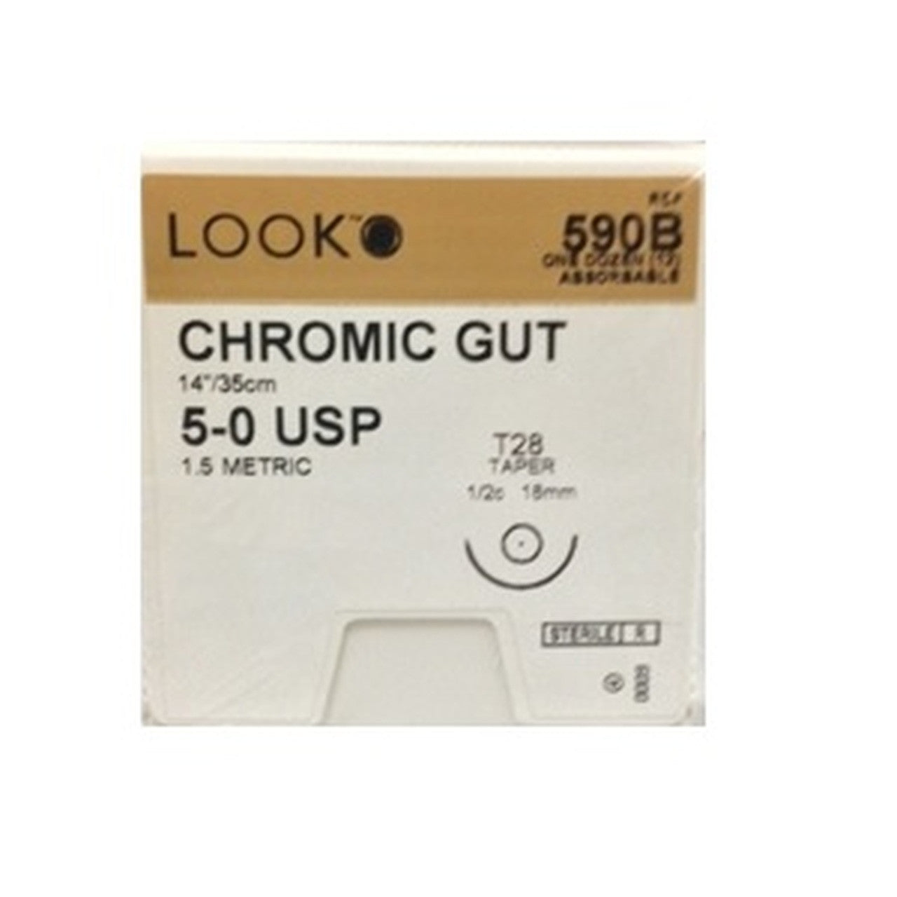 Look X590B Chromic Gut Absorbable Sutures 5-0 14'' T28 1/2 Circle Taper Point 18mm 12/Pk