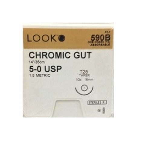 Look X590B Chromic Gut Absorbable Sutures 5-0 14'' T28 1/2 Circle Taper Point 18mm 12/Pk