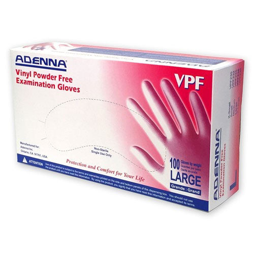 Adenna VPF236 Vinyl Exam Gloves Powder Free Large Translucent 100/Bx