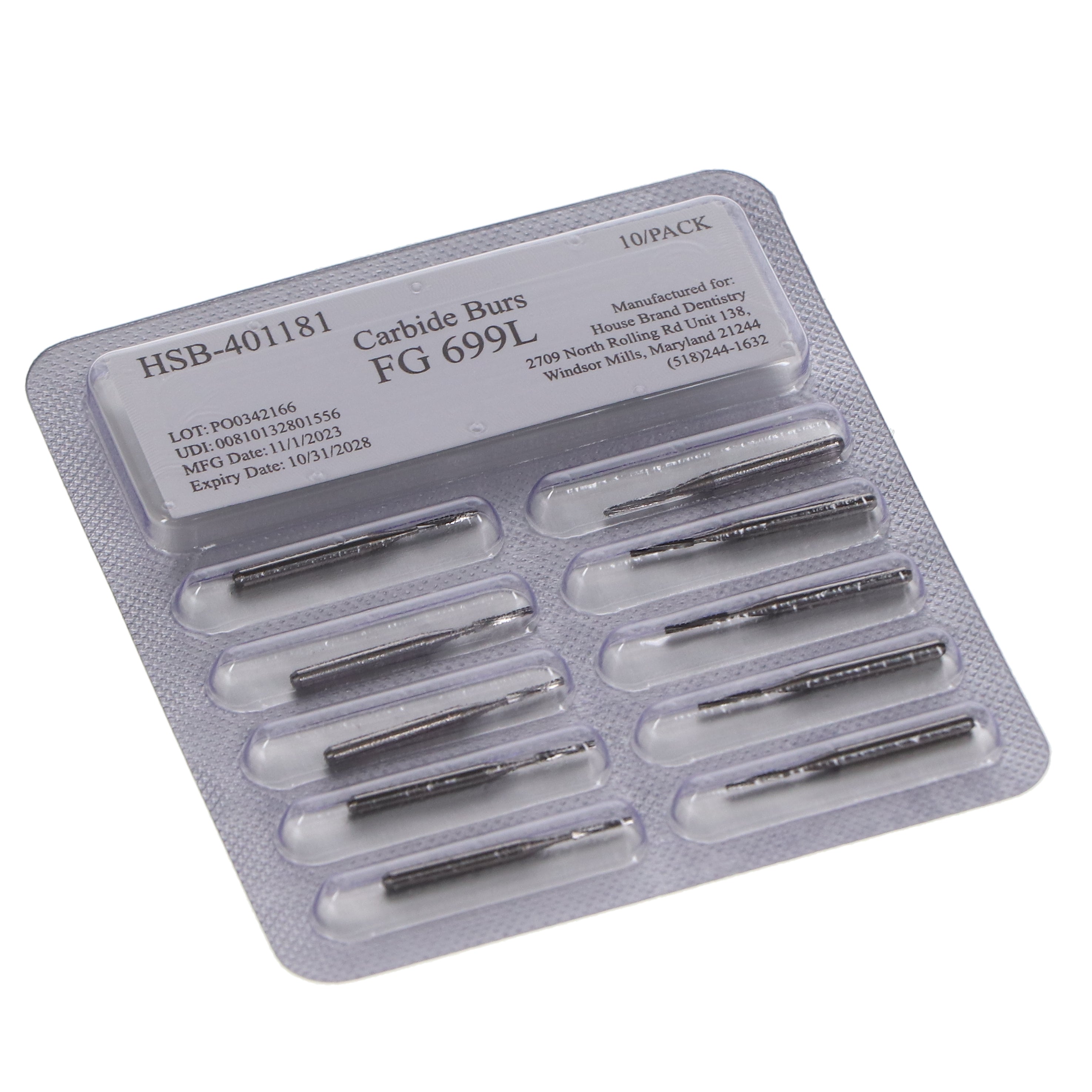 House Brand Dentistry 401181 HSB FG Long #699 Taper Fissure Crosscut Carbide Burs 100/Pk