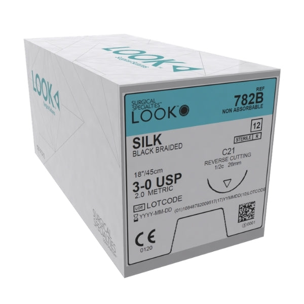 Look X782B Silk 3-0 Black Braided Sutures 18