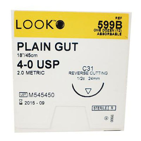Look X599B Plain Gut Absorbable Sutures 4-0 18" C31 1/2 Circle Reverse Cutting 24mm 12/Pk
