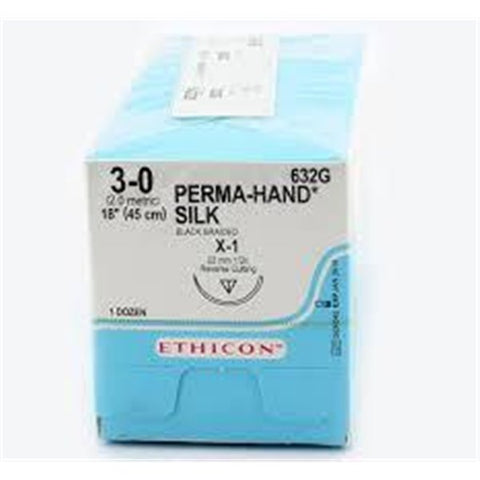 J&J Ethicon 632G Silk Black Braided Non Absorbable Sutures X1 3-0 18'' 12/Bx