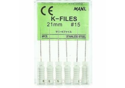 Mani MK2115 K-File with Plastic Handle & Endo Stop 21 mm 0.02 Taper #15 White 6/Pk