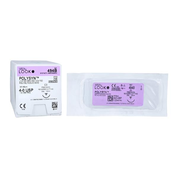 Look X494B PolySyn 4-0 Undyed Absorbable Sutures 18" C3 3/8 Circle Reverse Cutting 13mm 12/Pk
