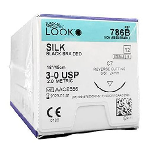 Look X786B Silk Black Reverse Cutting Sutures 3-0 18" C7 3/8 Circle 24mm 12/Pk