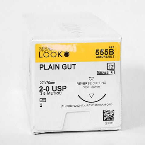 Look X555B Plain Gut Absorbable Sutures 2-0 27'' C7 3/8 Circle Reverse Cutting 24mm 12/Pk