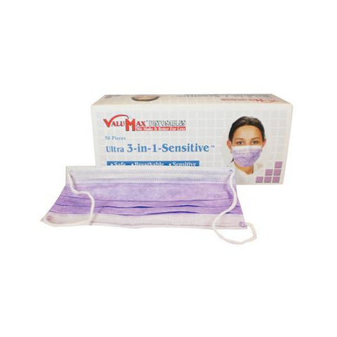 ValuMax 5630E-PP Ultra 3-in-1 Sensitive Disposable Earloop Face Mask 50/Bx Purple