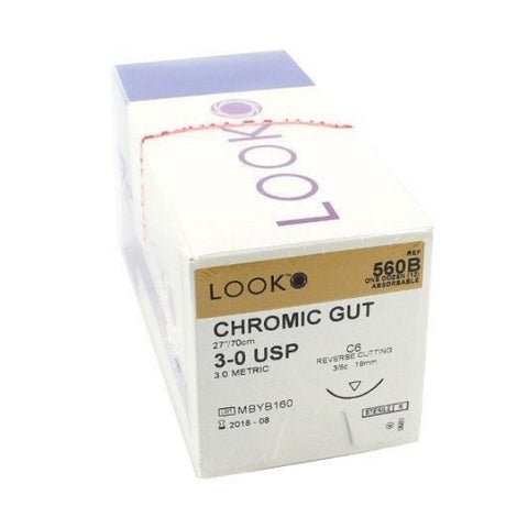 Look X560B Chromic Gut Absorbable Sutures 3-0 27" C6 3/8 Circle Reverse Cutting 12/Pk