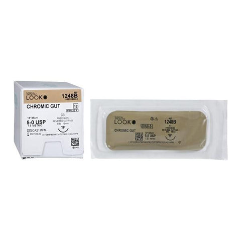 Look X1248B Chromic Gut Reverse Cutting Absorbable Sutures 5-0 18" C3 3/8 Circle 13mm 12/Pk