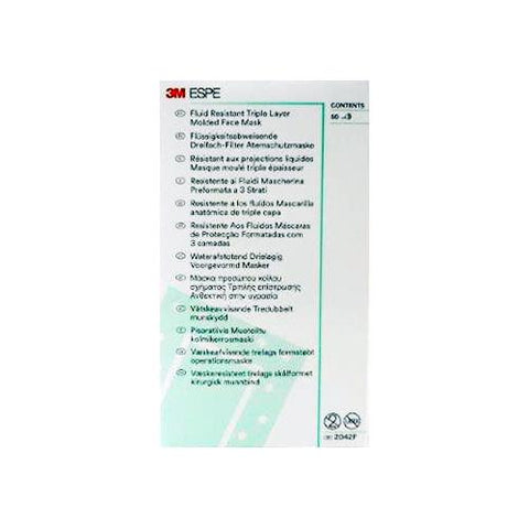 3M ESPE 2042F Cone Face Masks Molded 3-Layered Fluid Resistant Blue 50/Pk