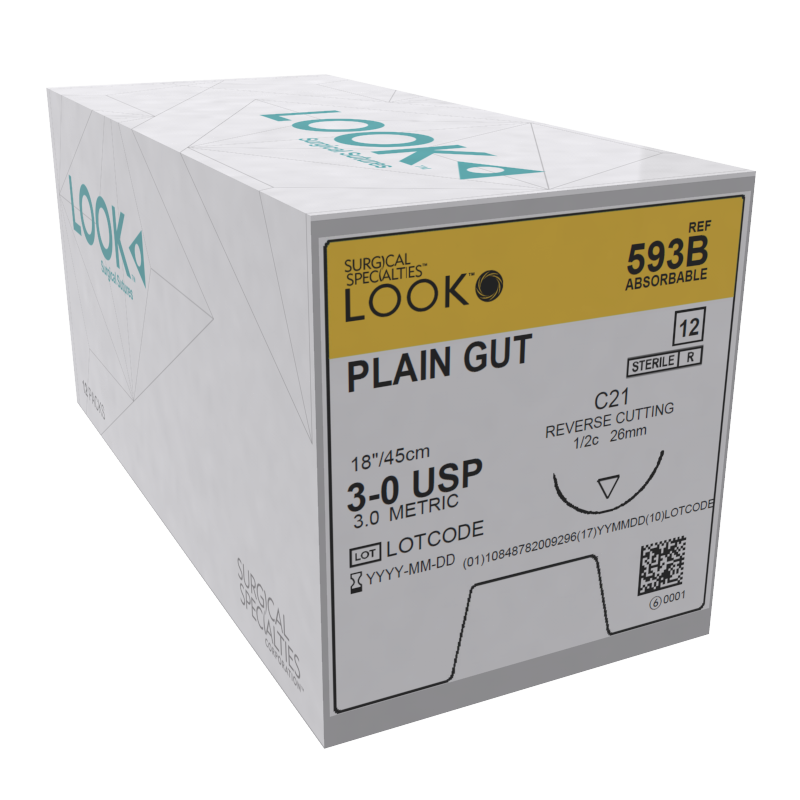 Look 593B Plain Gut Reverse Cutting Absorbable Sutures C21 3-0 18
