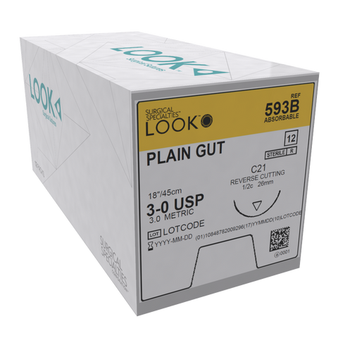 Look 593B Plain Gut Reverse Cutting Absorbable Sutures C21 3-0 18" 12/Bx