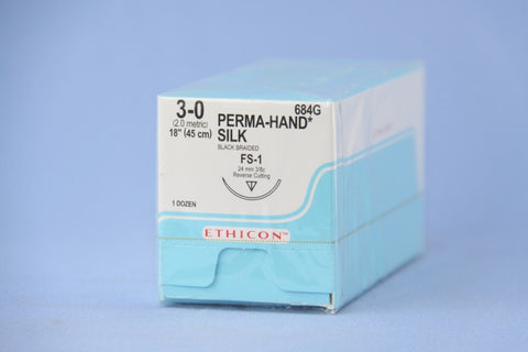 J&J Ethicon 684G Perma-Hand Silk Black Braided Non-Absorbable Sutures FS1 3-0 18" 12/Bx