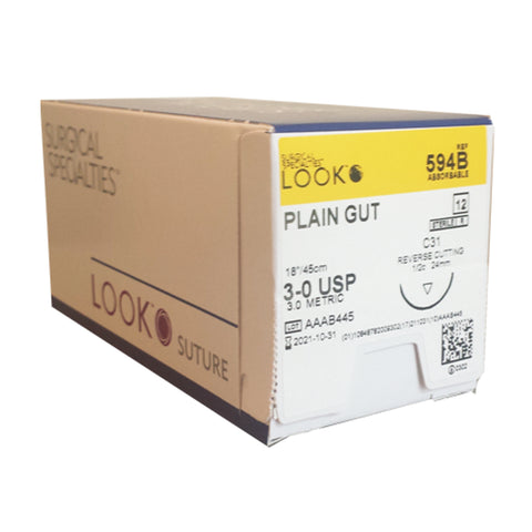 Look X594B Plain Gut Absorbable Sutures 3-0 18" C31 1/2 Circle Reverse Cutting 24mm 12/Pk