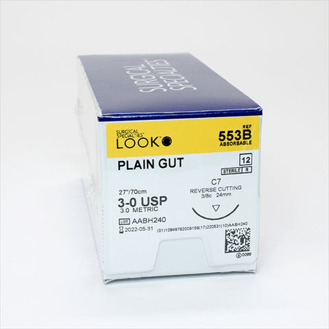 Look X553B Plain Gut Absorbable Sutures 3-0 27" C7 3/8 Circle Reverse Cutting 24mm 12/Pk