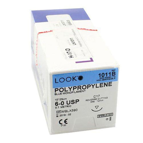 Look X1011B Polypropylene Sutures 10" C17 3/8 Circle Reverse Cutting 12mm 6-0 Blue 12/Pk