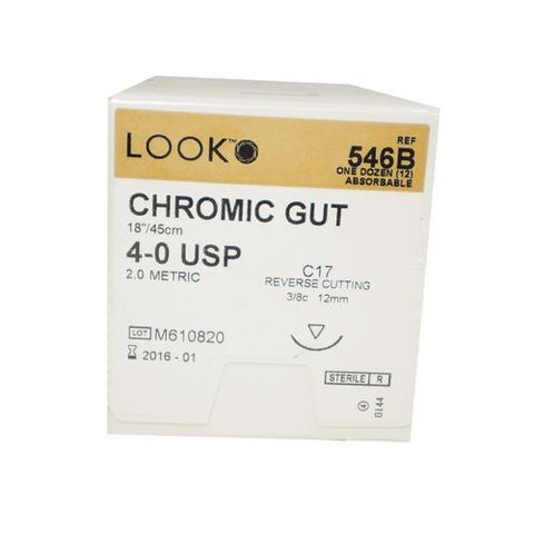 Look X546B Chromic Gut Absorbable Sutures 4-0 18" C17 3/8 Circle Reverse Cutting 12mm 12/Pk