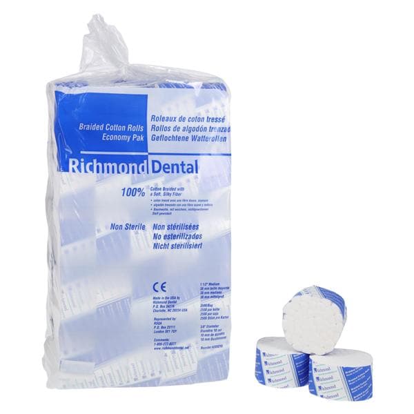 Richmond Dental 200215 Cotton Rolls Braided 1.5" x 3/8" Medium Non-Sterile 1.5" 10000/Bx