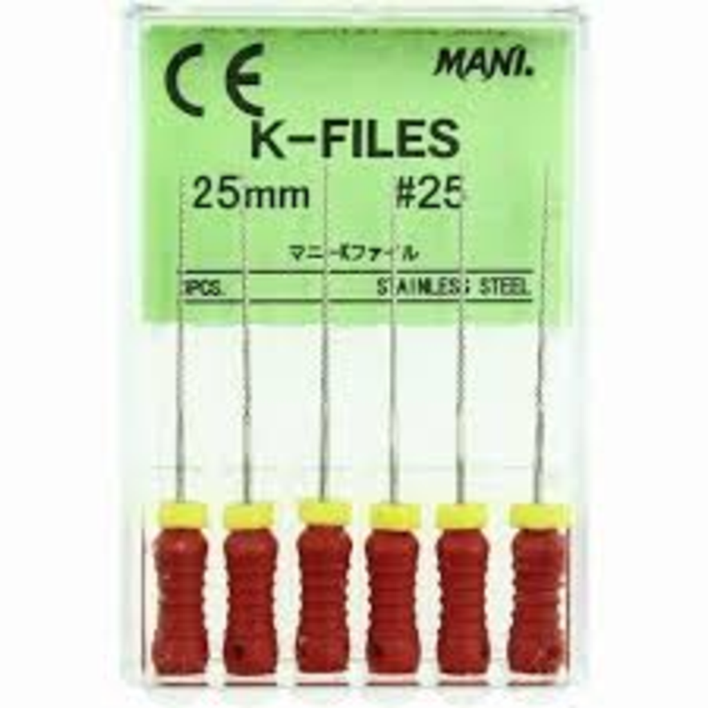 Mani MK2525 K-File with Plastic Handle & Endo Stop 25mm 0.02 Taper #25 Red 6/Pk