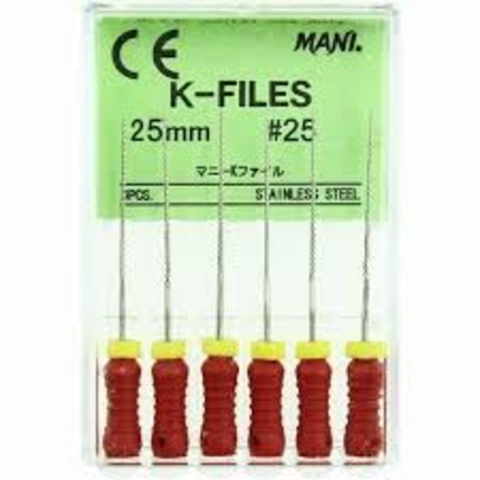 Mani MK2525 K-File with Plastic Handle & Endo Stop 25mm 0.02 Taper #25 Red 6/Pk