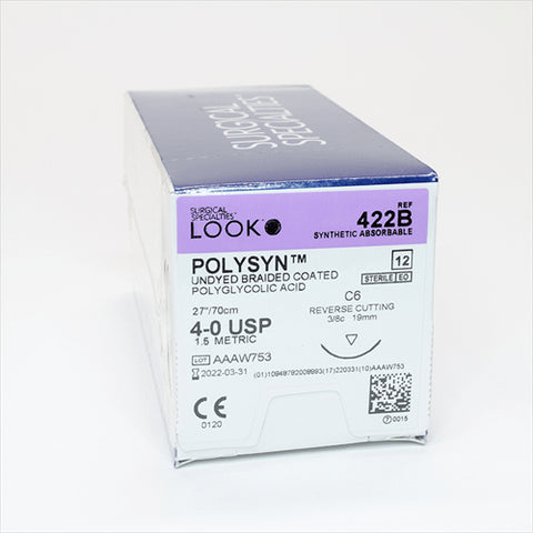 Look X422B PolySyn 4-0 Undyed Absorbable Sutures 27'' C6 3/8 Circle Reverse Cutting 19mm 12/Pk