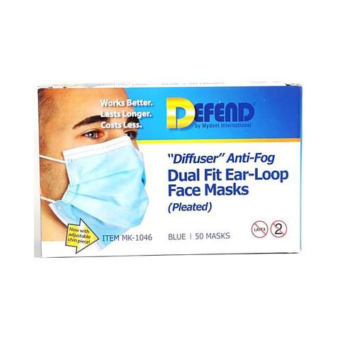 Mydent MK1046 Defend Diffuser Anti Fog Ear Loop Face Masks 50/Bx Blue