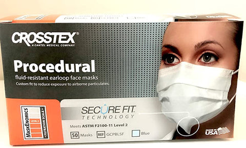 Crosstex GCPBL Procedural Earloop Face Masks ASTM Level 2 Blue 50/Bx