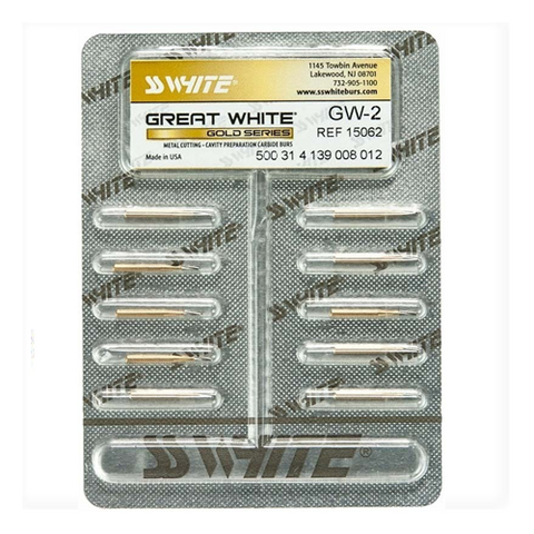 SS White 15062 Friction Grip FG #GW2 Great White Gold Straight Fissure Carbide Burs 10/Pk