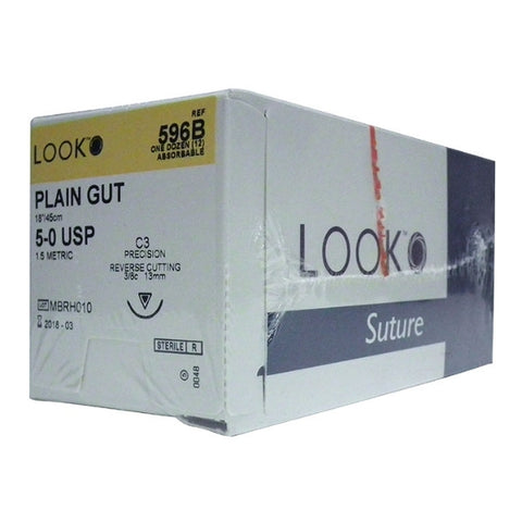 Look X596B Plain Gut Absorbable Sutures 5-0 18" C3 3/8 Circle Precision Reverse Cutting 13mm 12/Pk