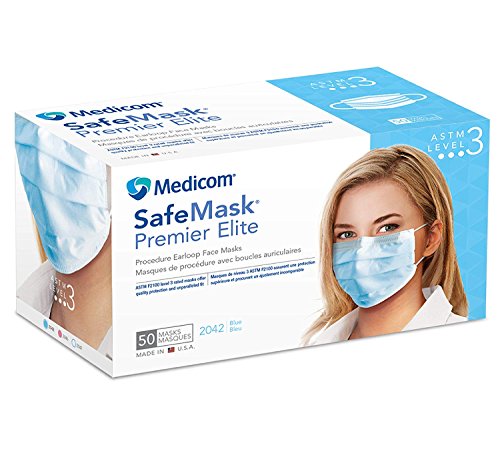 Medicom 2042 SafeMask Premier Elite Earloop Face Masks ASTM Level 3 Blue 50/Bx