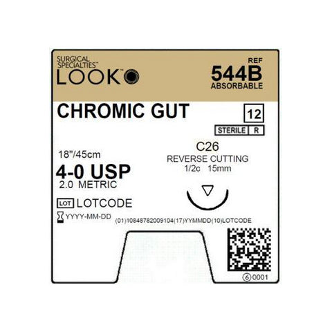 Look X544B Chromic Gut Absorbable Sutures 4-0 18" C26 3/8 Circle Reverse Cutting 15mm 12/Pk