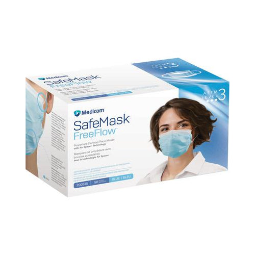Medicom 200515 SafeMask FreeFlow Earloop Face Masks ASTM Level 3 Blue 50/Bx