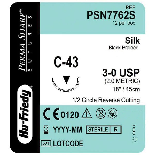 Hu-Friedy PSN7762S PermaSharp Black Silk Sutures C-43 3/0 12/Bx