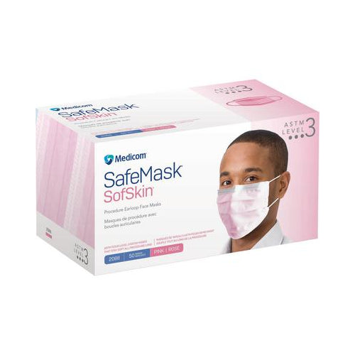 Medicom 2088 SafeMask SofSkin Earloop Face Masks ASTM Level 3 Pink 50/Bx