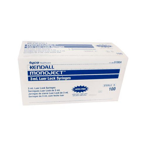 Kendall Healthcare 1513934 Monoject Luer Lock Syringes 0.1cc Sterile 3 mL 100/Bx